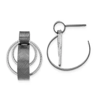 Pair of silver-tone hoop earrings with textured twisted wire details and brushed metal rectangular bar accents, shown front and side view.