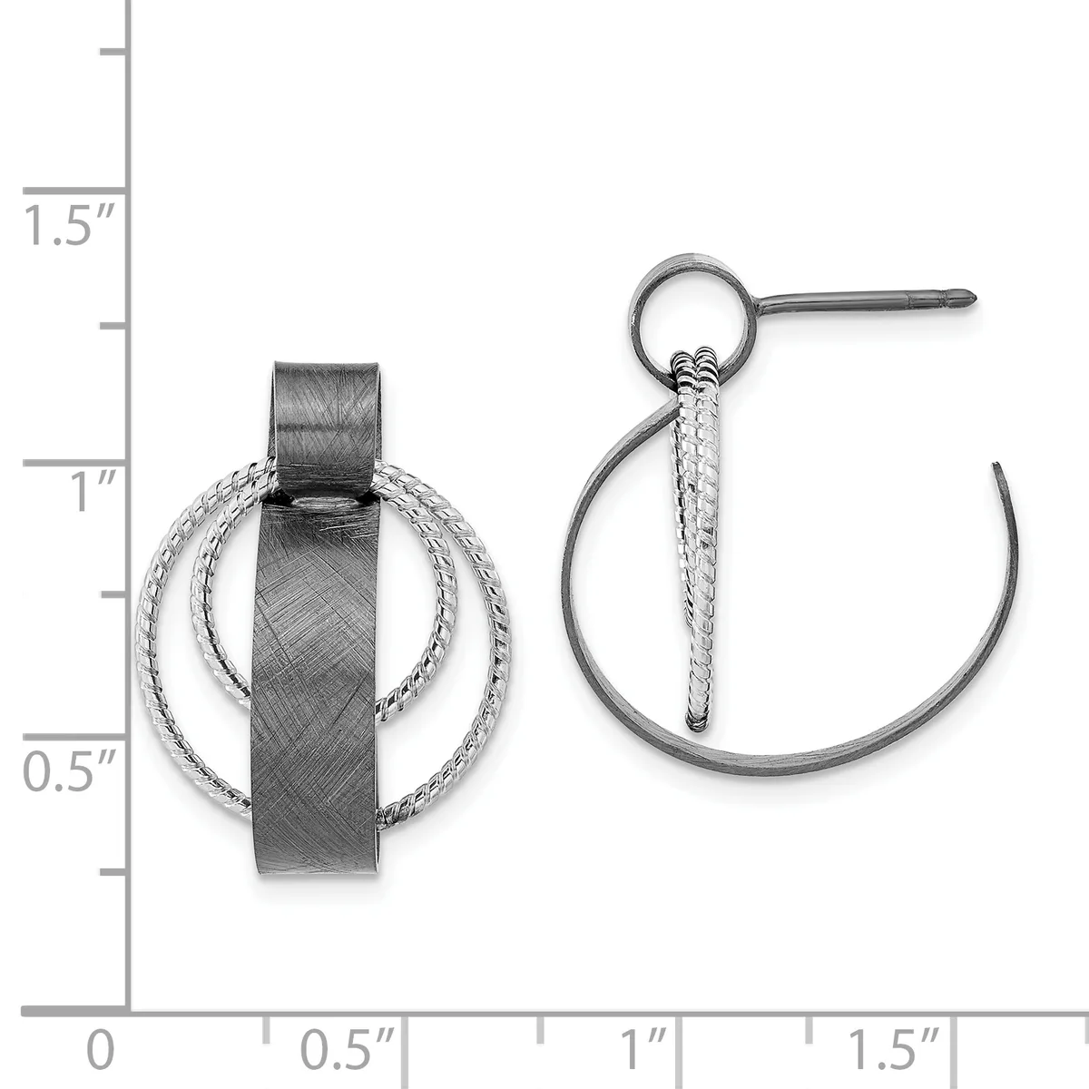Two silver-tone metal earrings displayed against a measurement scale: a hoop with textured band and twisted wire detail on the left, and a simple curved hoop with chain and ring detail on the right.