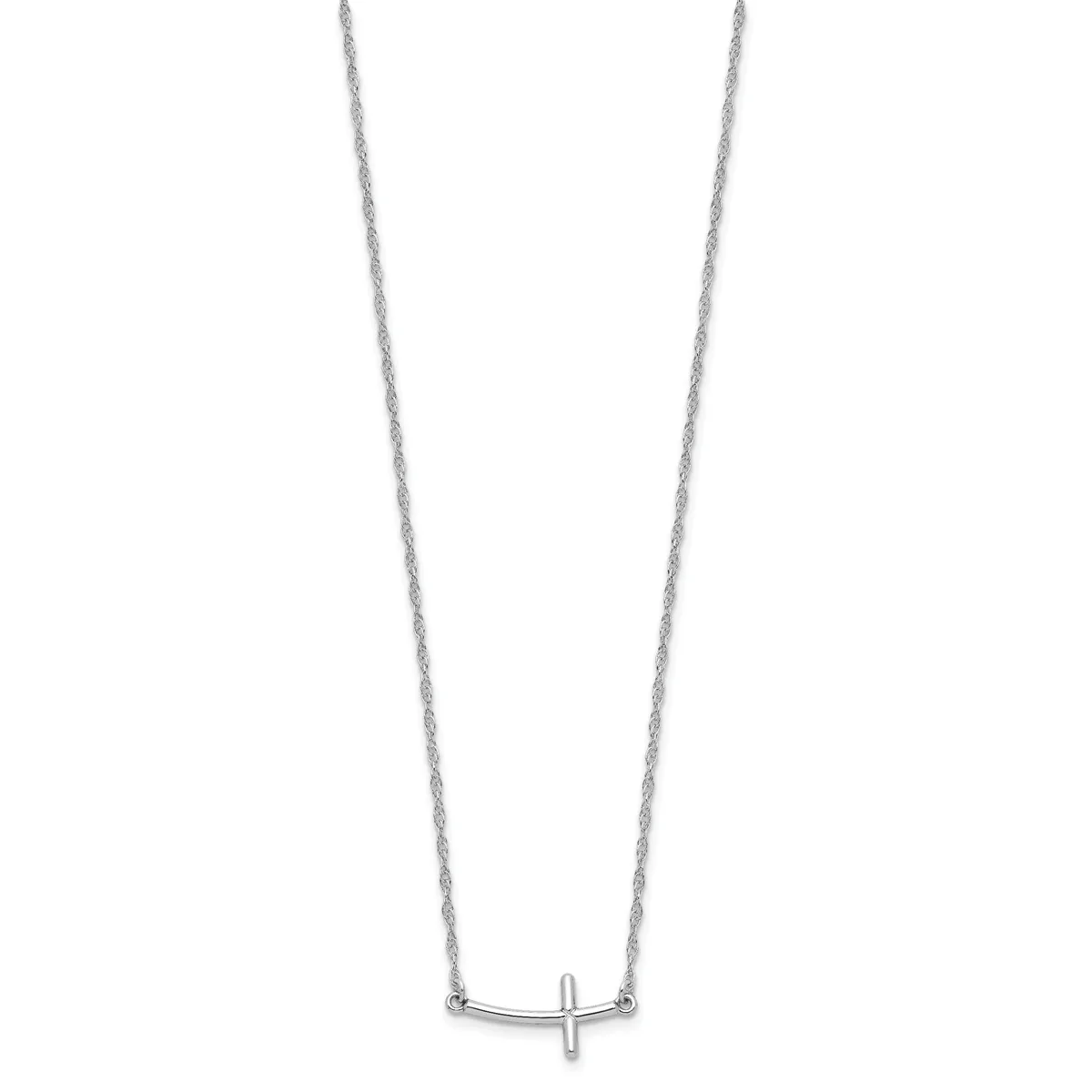 Sterling silver necklace with a thin chain and a small horizontal cross pendant suspended from the center.