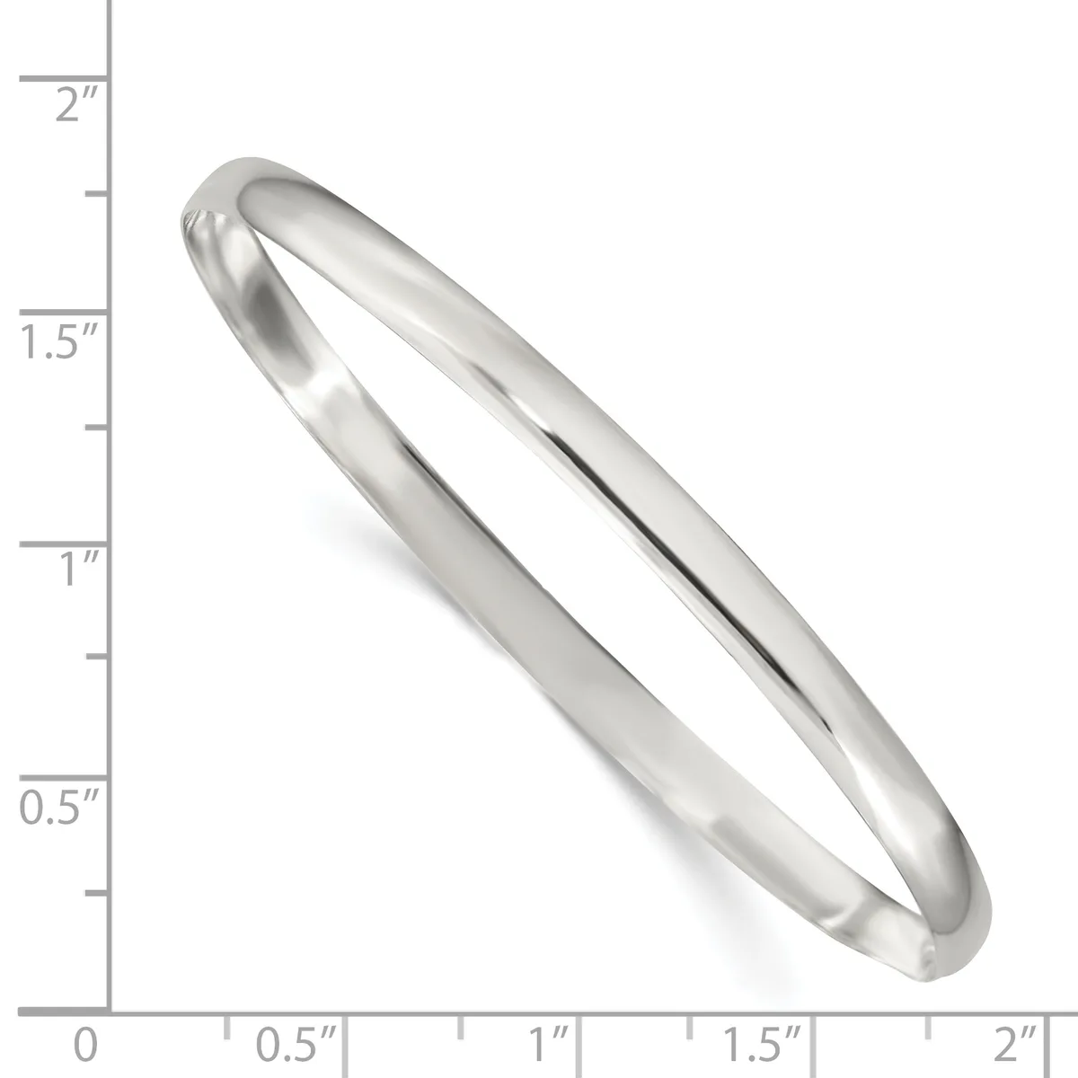 A polished silver bangle bracelet with a smooth, curved design shown against a measurement scale indicating it is approximately 2 inches in diameter.