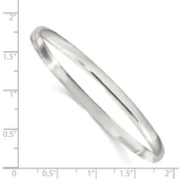 A polished silver bangle bracelet with a smooth, curved design shown against a measurement scale indicating it is approximately 2 inches in diameter.