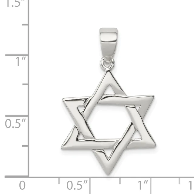 A polished sterling silver Star of David pendant with overlapping triangles shown next to a ruler for scale, measuring approximately one inch in width.