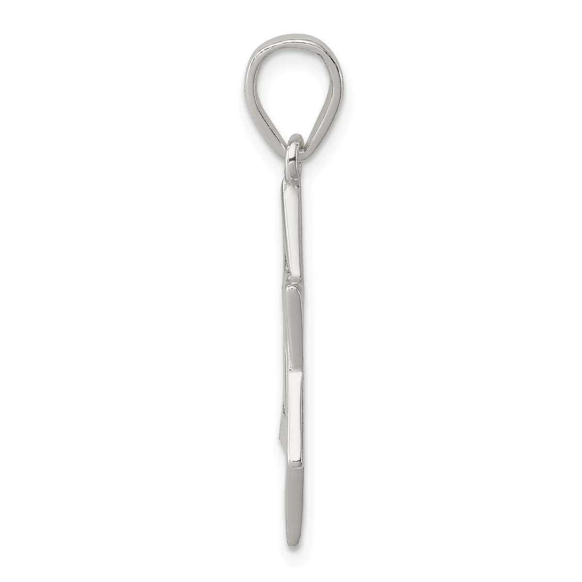 A silver loop-in-loop chain pendant with a teardrop-shaped loop at the top and a pointed cylindrical bail, displayed vertically against a white background.
