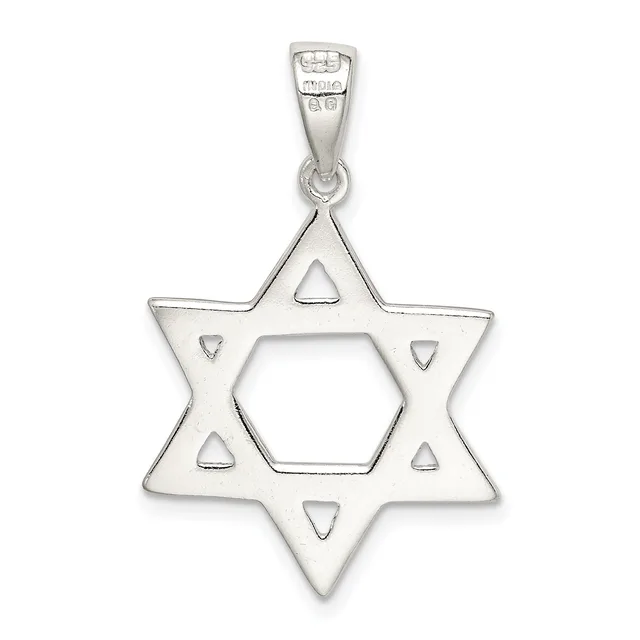A silver Star of David pendant with a hexagonal center cutout and small triangular decorative elements, suspended from a bail with a small stamped hallmark.