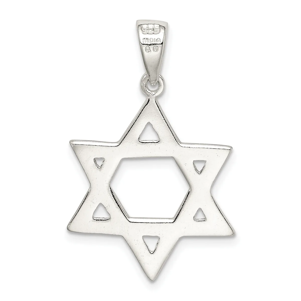 A silver Star of David pendant with a hexagonal center cutout and small triangular decorative elements, suspended from a bail with a small stamped hallmark.