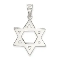 A silver Star of David pendant with a hexagonal center cutout and small triangular decorative elements, suspended from a bail with a small stamped hallmark.