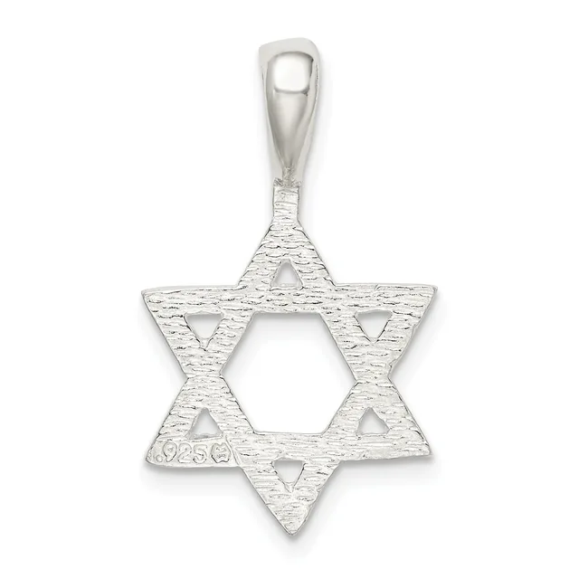 Sterling silver Star of David pendant with textured surface and triangular cutouts, suspended from a bail, shown against a white background.
