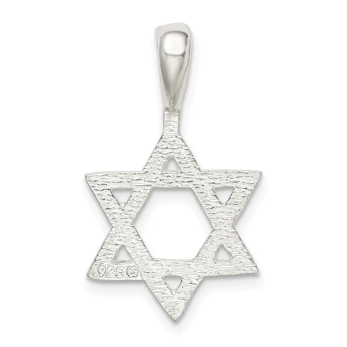 Sterling silver Star of David pendant with textured surface and triangular cutouts, suspended from a bail, shown against a white background.