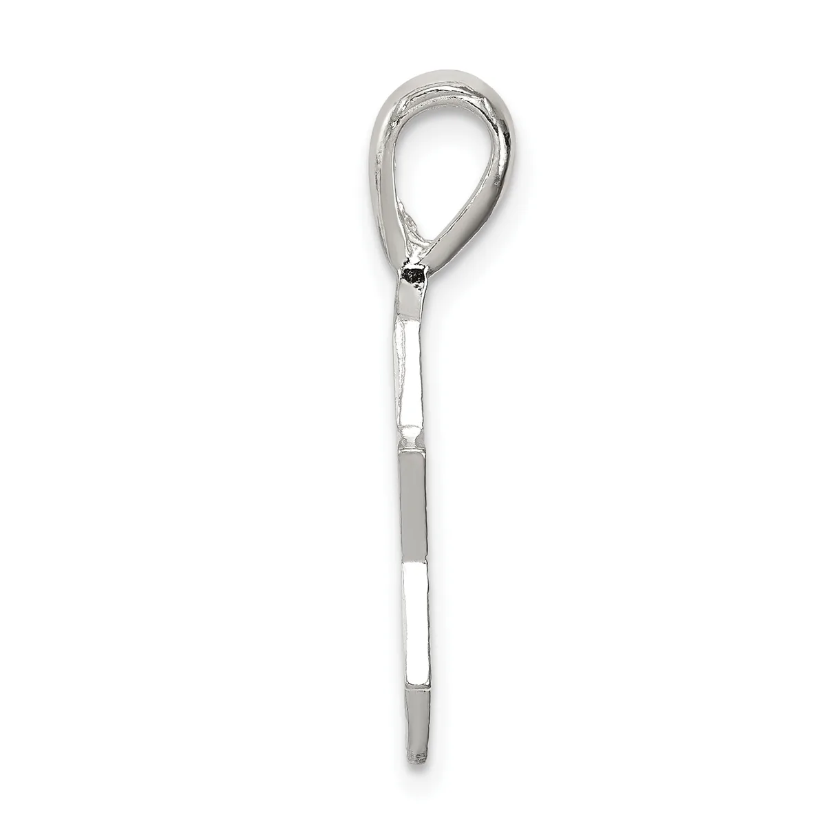 A silver teardrop pendant with an open loop top and a cylindrical striped shaft, shown hanging against a white background.