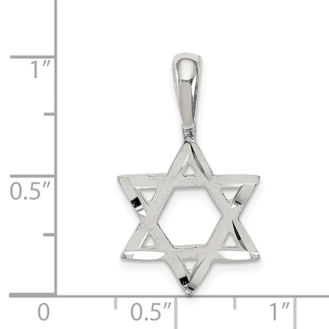 A silver Star of David pendant with a polished finish shown against a ruler indicating its size is approximately one inch tall.