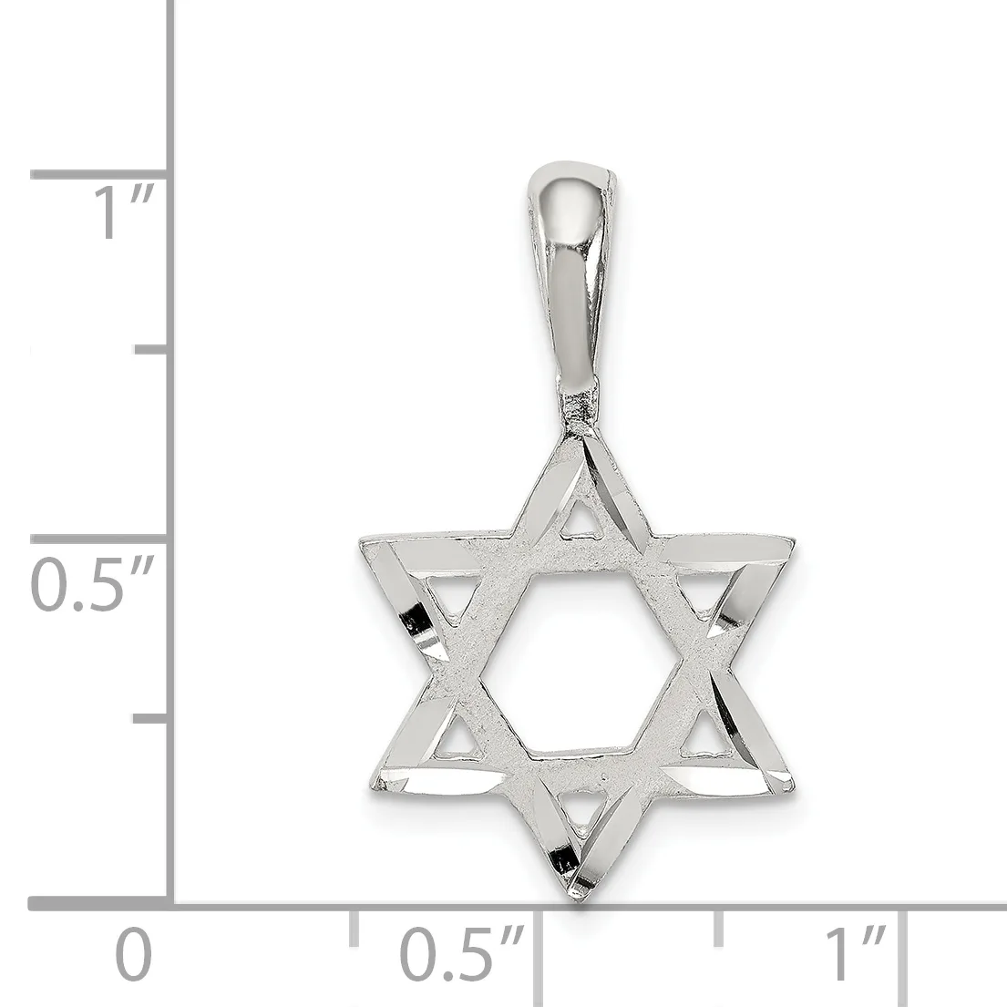 A silver Star of David pendant with a polished finish shown against a ruler indicating its size is approximately one inch tall.