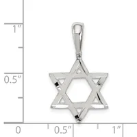 A silver Star of David pendant with a polished finish shown against a ruler indicating its size is approximately one inch tall.