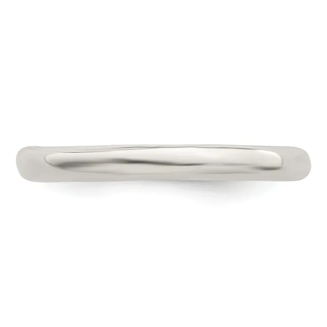 A polished silver wedding band with a curved profile and smooth finish, shown against a white background.