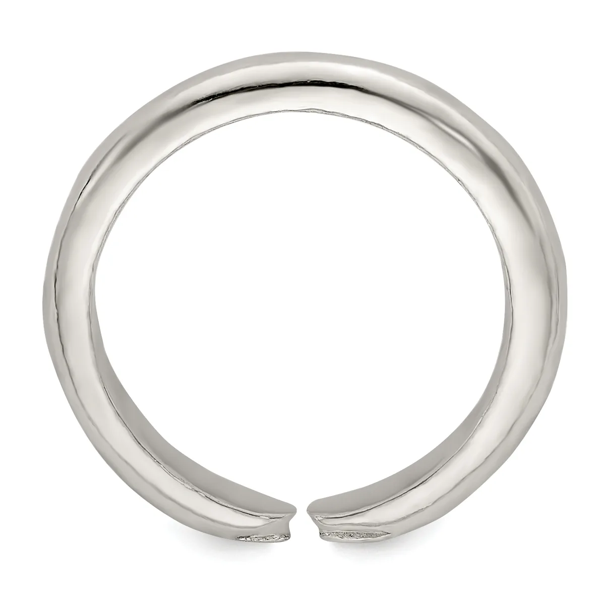 A polished silver cuff bracelet with a curved, open design shown against a white background.