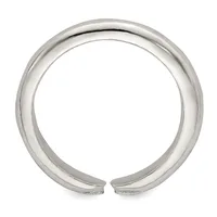 A polished silver cuff bracelet with a curved, open design shown against a white background.
