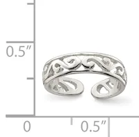 Sterling silver open toe ring with a scrolled and pierced decorative band, shown next to a measurement scale indicating approximately half an inch in width.