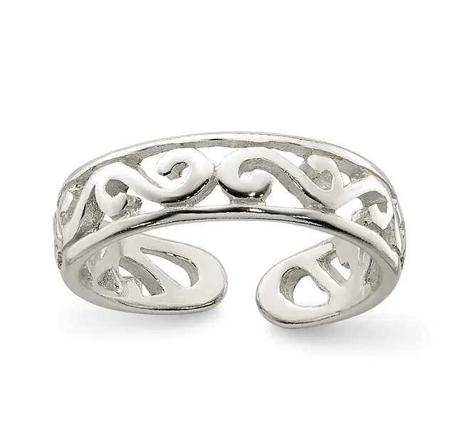Silver toe ring with open band design featuring a scrolled decorative pattern along the top, displayed against a white background.