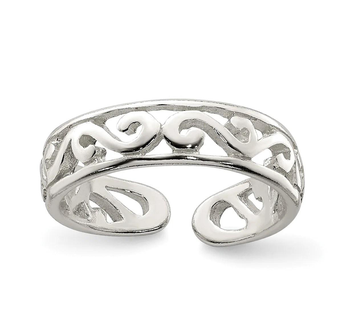 Silver toe ring with open band design featuring a scrolled decorative pattern along the top, displayed against a white background.