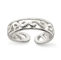 Silver toe ring with open band design featuring a scrolled decorative pattern along the top, displayed against a white background.
