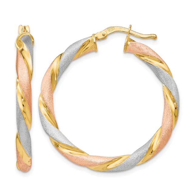 Pair of tri-color gold twisted hoop earrings with yellow, rose, and white gold bands in a spiraling pattern, shown from front and side views.