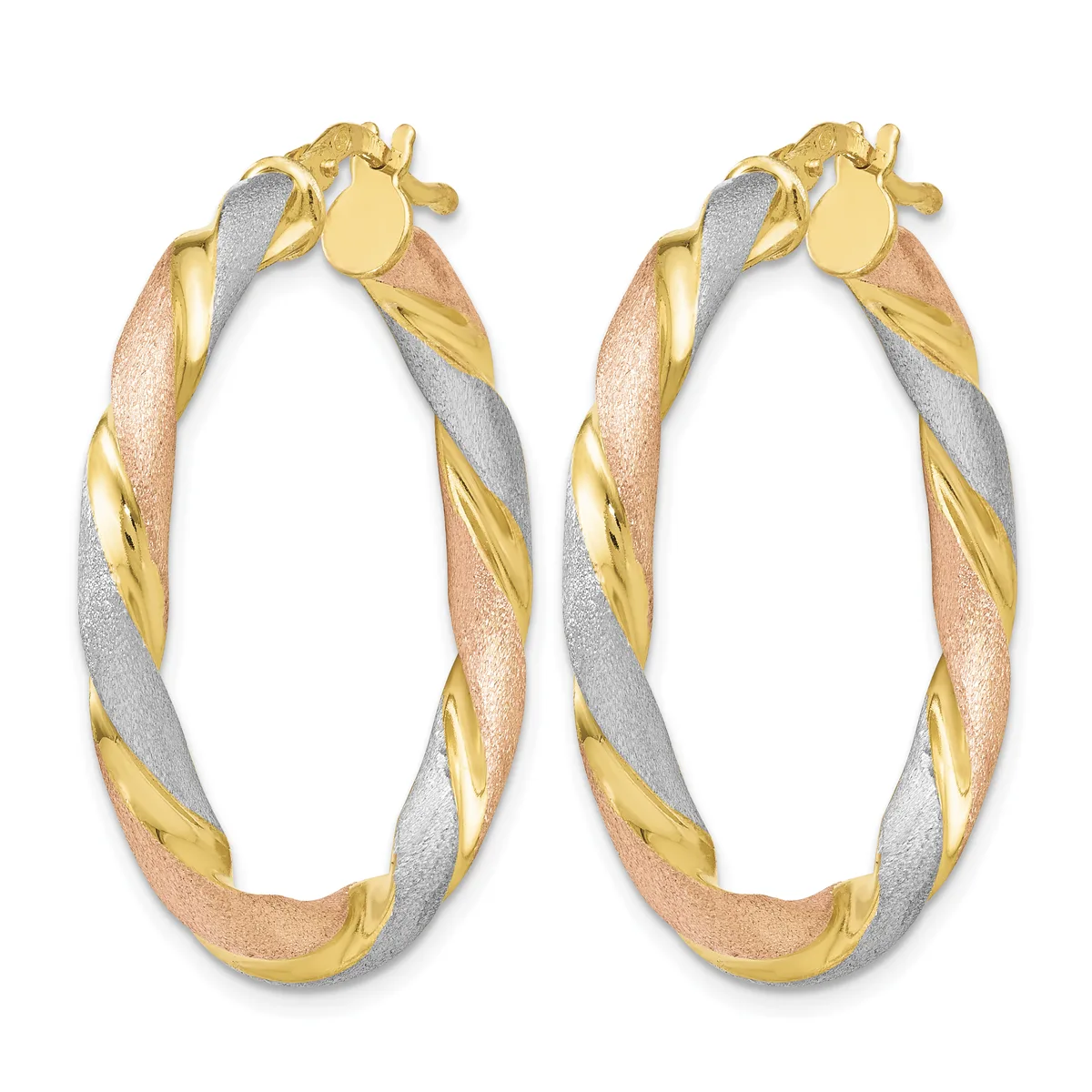Pair of twisted hoop earrings in yellow, rose, and white gold with a textured finish and clip-back closures.