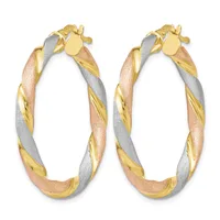 Pair of twisted hoop earrings in yellow, rose, and white gold with a textured finish and clip-back closures.