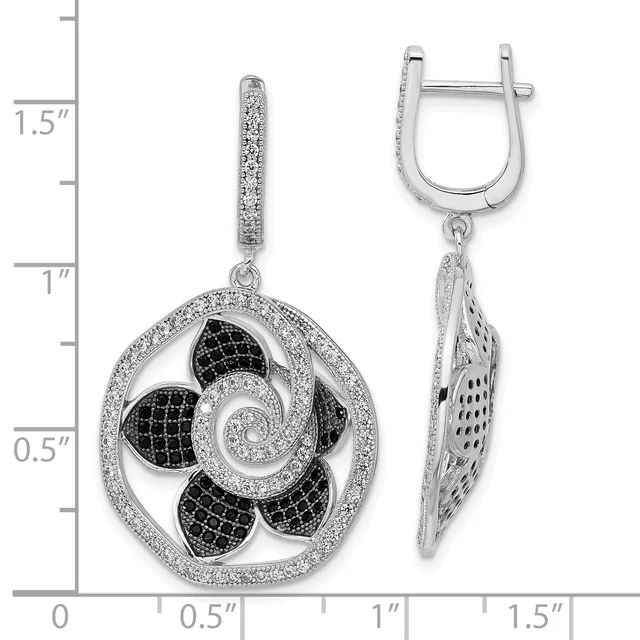 Silver dangle earrings with black and white cubic zirconia stones arranged in a circular flower design, shown from front and side views with a measurement scale.