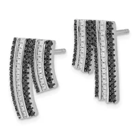 Pair of curved rectangular silver earrings with alternating rows of black and clear round stones, shown from front and side angles.