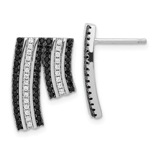 Pair of silver earrings with alternating rows of black and white round diamonds in a curved rectangular design, shown from front and side views.