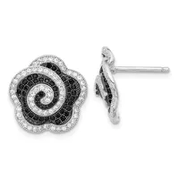 Silver flower-shaped stud earrings with black and white diamond pavé setting, shown from front and side view.