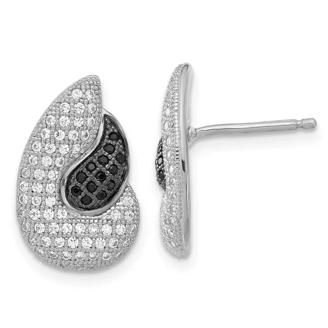 Teardrop-shaped stud earrings with white and black pavé diamonds in silver, shown from front and side views.