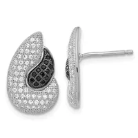 Teardrop-shaped stud earrings with white and black pavé diamonds in silver, shown from front and side views.
