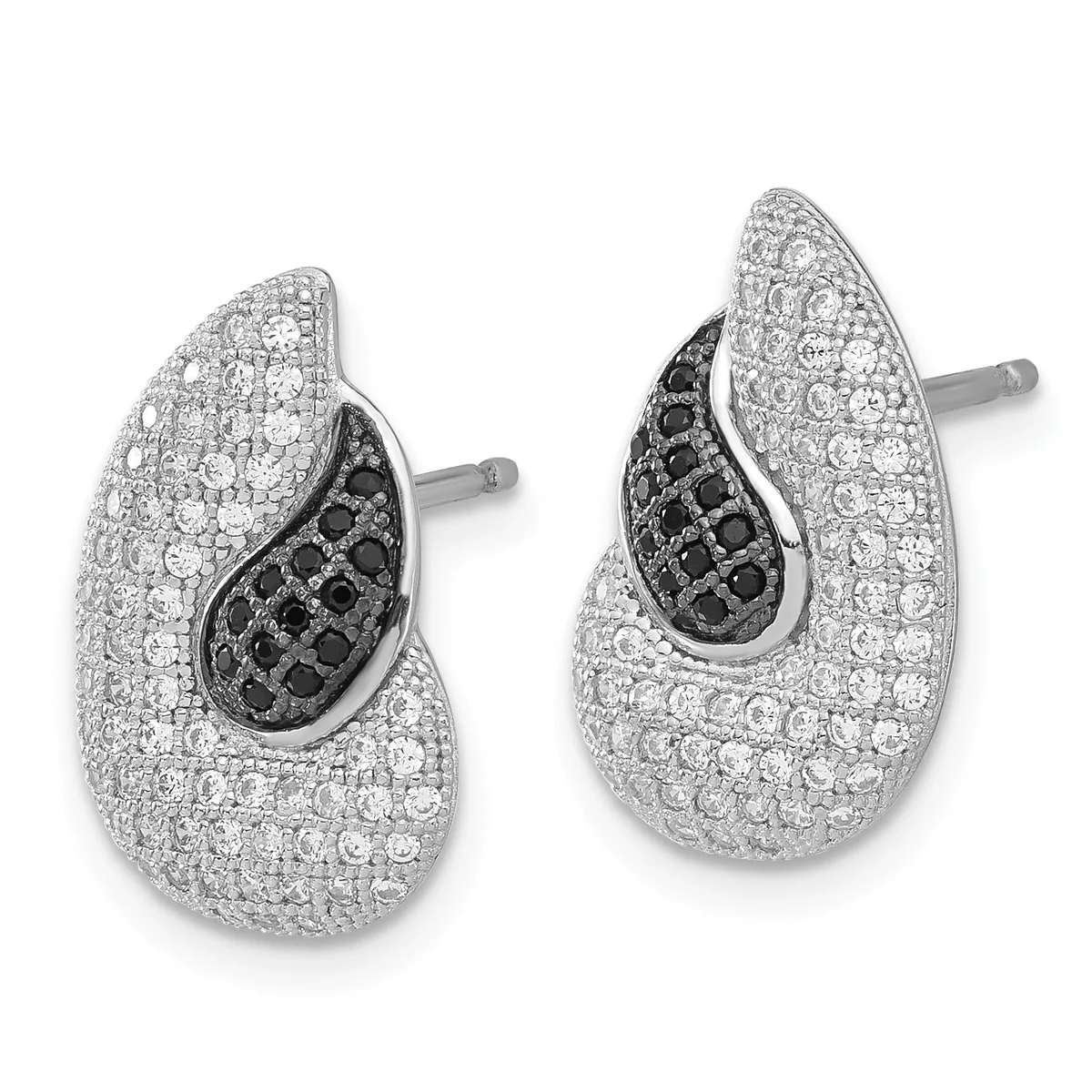 Pair of teardrop-shaped silver earrings with white diamond pavé on the outer surface and black diamond pavé accents along the inner curved edges, shown from the front.
