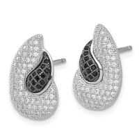 Pair of teardrop-shaped silver earrings with white diamond pavé on the outer surface and black diamond pavé accents along the inner curved edges, shown from the front.