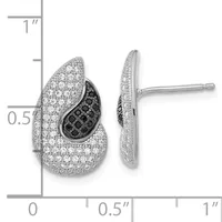 Teardrop-shaped stud earrings with white and black pave-set diamonds in sterling silver, shown front and side view against a measurement scale.
