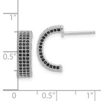 Silver hoop earrings with black gemstones set in a paved pattern, shown with a measurement scale indicating approximately 0.5 inches in width and 1 inch in height.