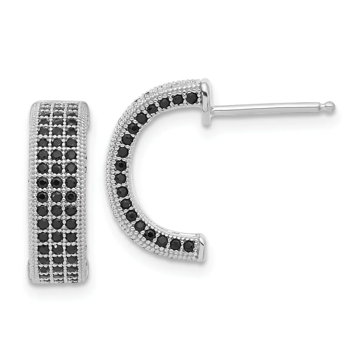 A pair of silver hoop earrings with black and white gemstones set in a geometric pattern, shown from the front and back view.