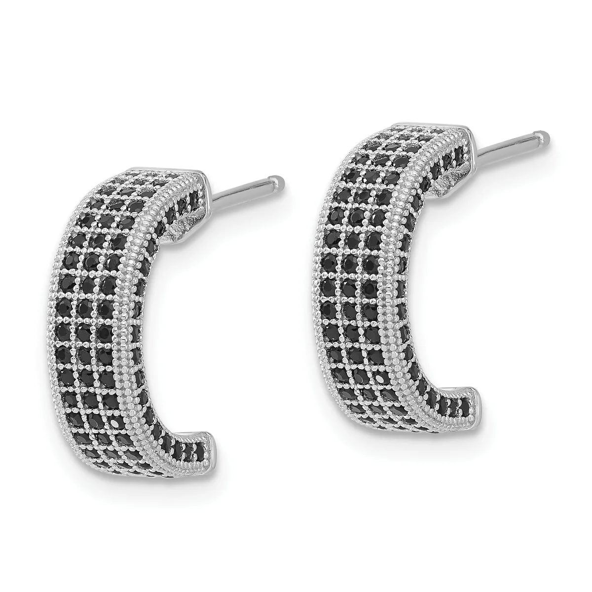 A pair of silver curved hoop earrings densely set with black and white stones in an alternating checkerboard pattern.