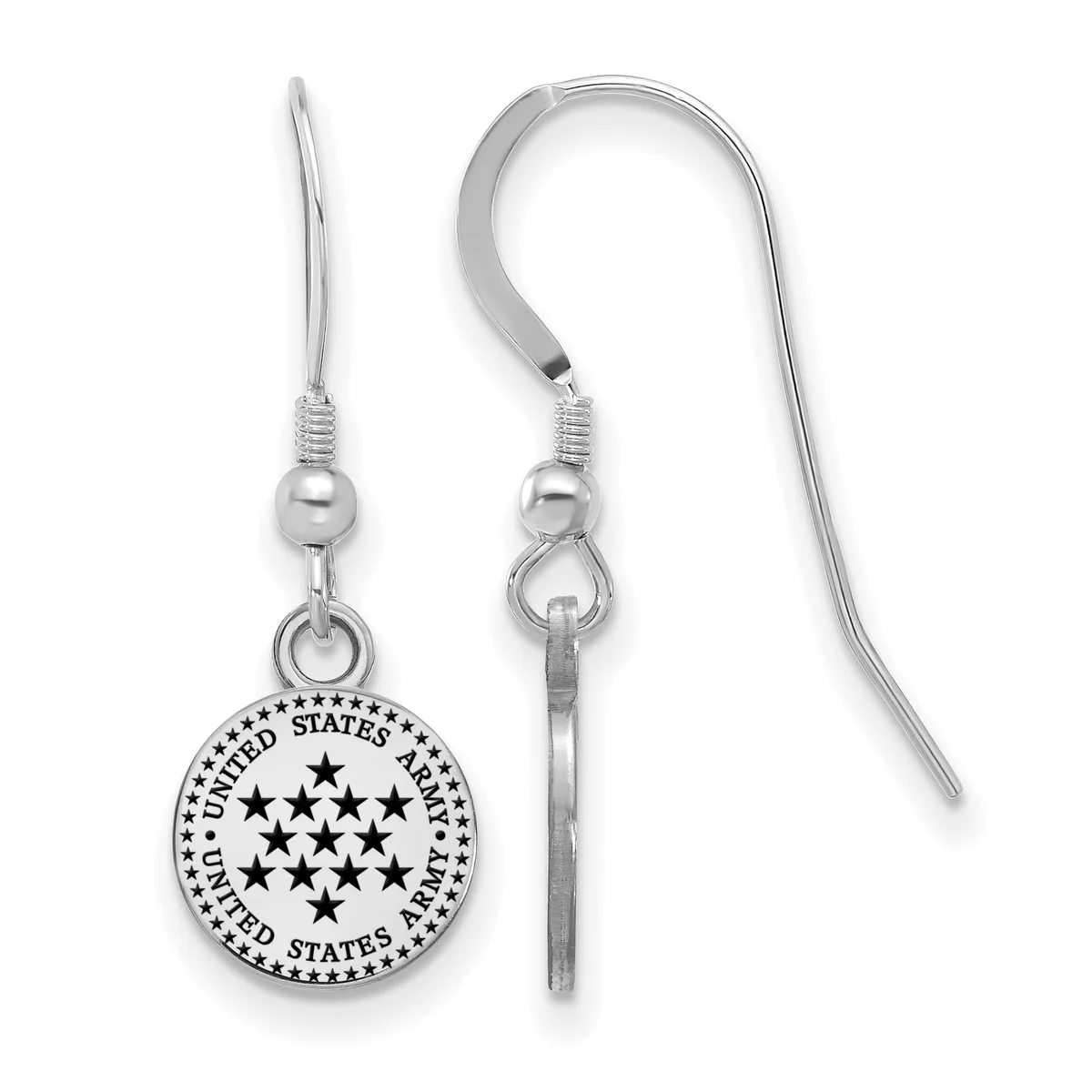 Pair of silver dangle earrings with round charms stamped with stars and text around the border, suspended from curved ear wires with small beads.