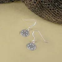 A pair of silver-toned dangle earrings with circular pendants featuring star designs and decorative beaded edges, displayed on a neutral beige surface next to dried plant material.