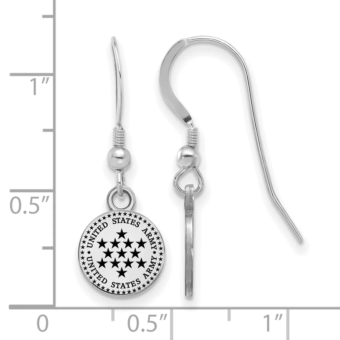 Pair of silver-toned dangle earrings with a circular charm stamped with stars and text, shown next to a ruler for scale.