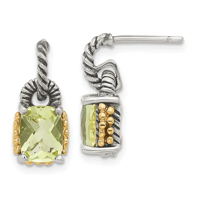 Pair of silver and gold two-tone drop earrings with twisted rope details, featuring cushion-cut pale green gemstones and beaded gold accents on the sides.