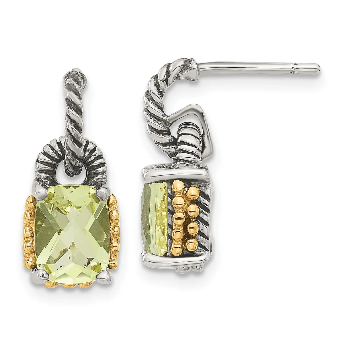 Pair of silver and gold two-tone drop earrings with twisted rope details, featuring cushion-cut pale green gemstones and beaded gold accents on the sides.