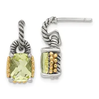 Pair of silver and gold two-tone drop earrings with twisted rope details, featuring cushion-cut pale green gemstones and beaded gold accents on the sides.