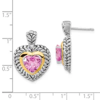 Two-tone heart-shaped earrings with pink faceted stones surrounded by twisted silver bezels and gold accents, shown front and side view with measurement scale.