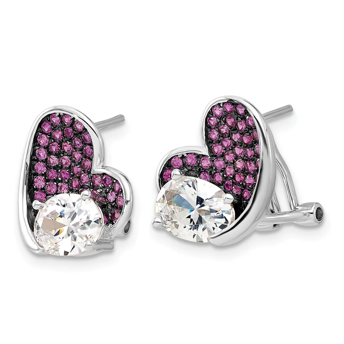 A pair of silver heart-shaped earrings with purple gemstones covering the upper portion and large clear faceted stones in the lower front, shown from the front and back view.