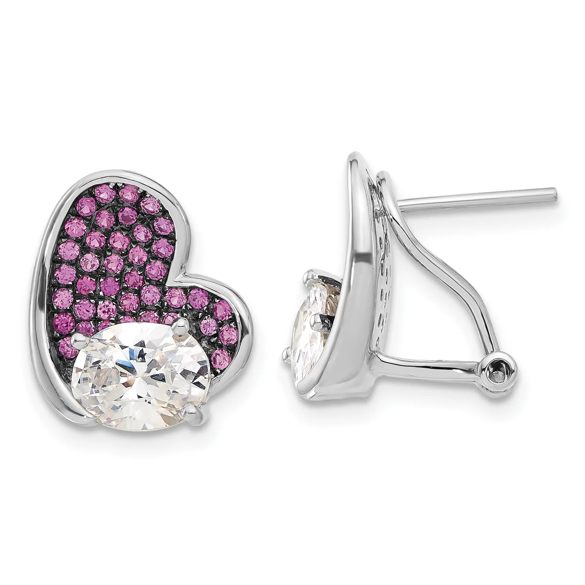 A pair of heart-shaped silver earrings with purple gemstones covering the top portion and a large clear faceted stone at the bottom, shown from front and side views.