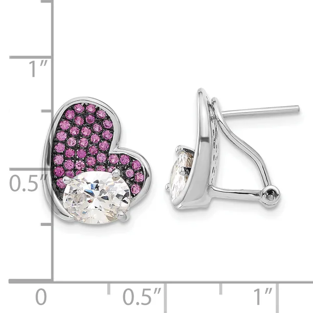 Pair of heart-shaped sterling silver earrings with purple gemstones and clear oval stones, shown from front and back views next to a measurement ruler.