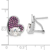 Pair of heart-shaped sterling silver earrings with purple gemstones and clear oval stones, shown from front and back views next to a measurement ruler.