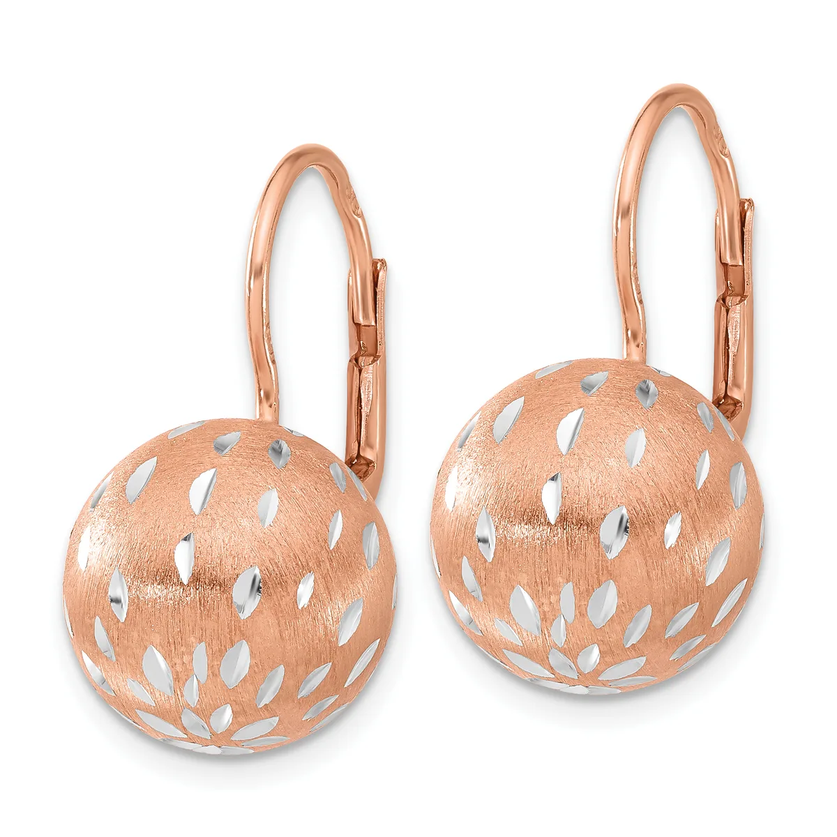 Pair of rose gold spherical drop earrings with brushed finish and white enamel leaf pattern details, suspended from lever-back hooks.